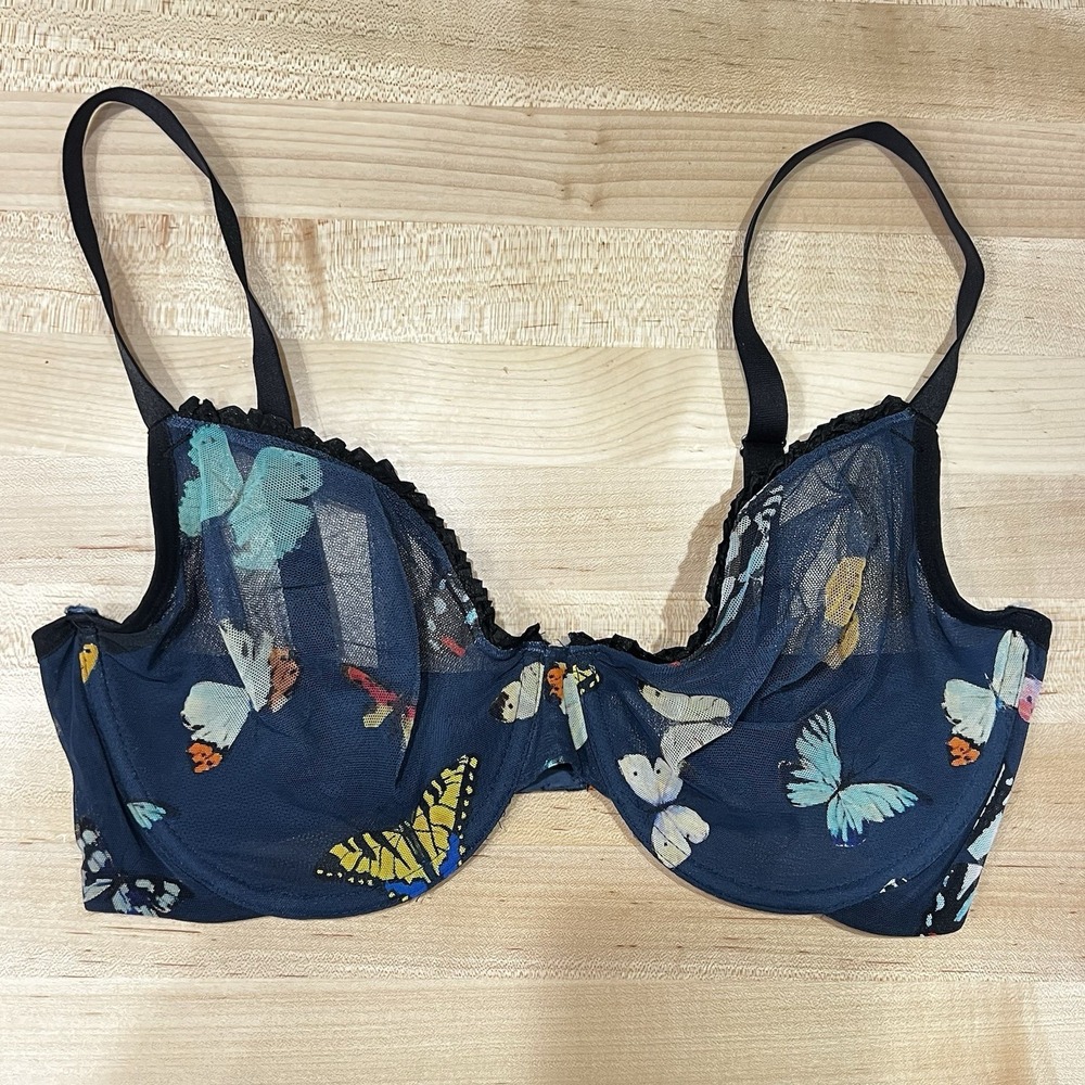 Parade Blue Mesh Butterfly Print Underwire Bra, Women's Size XL